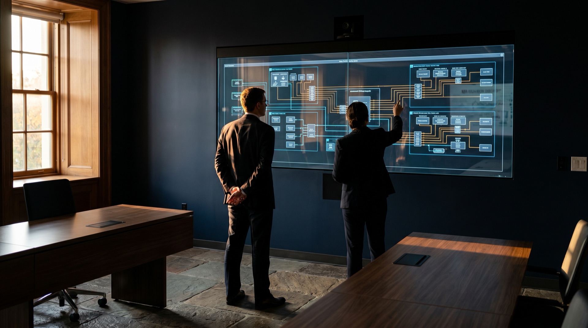 Two federal IT specialists reviewing a network architecture diagram in a briefing room